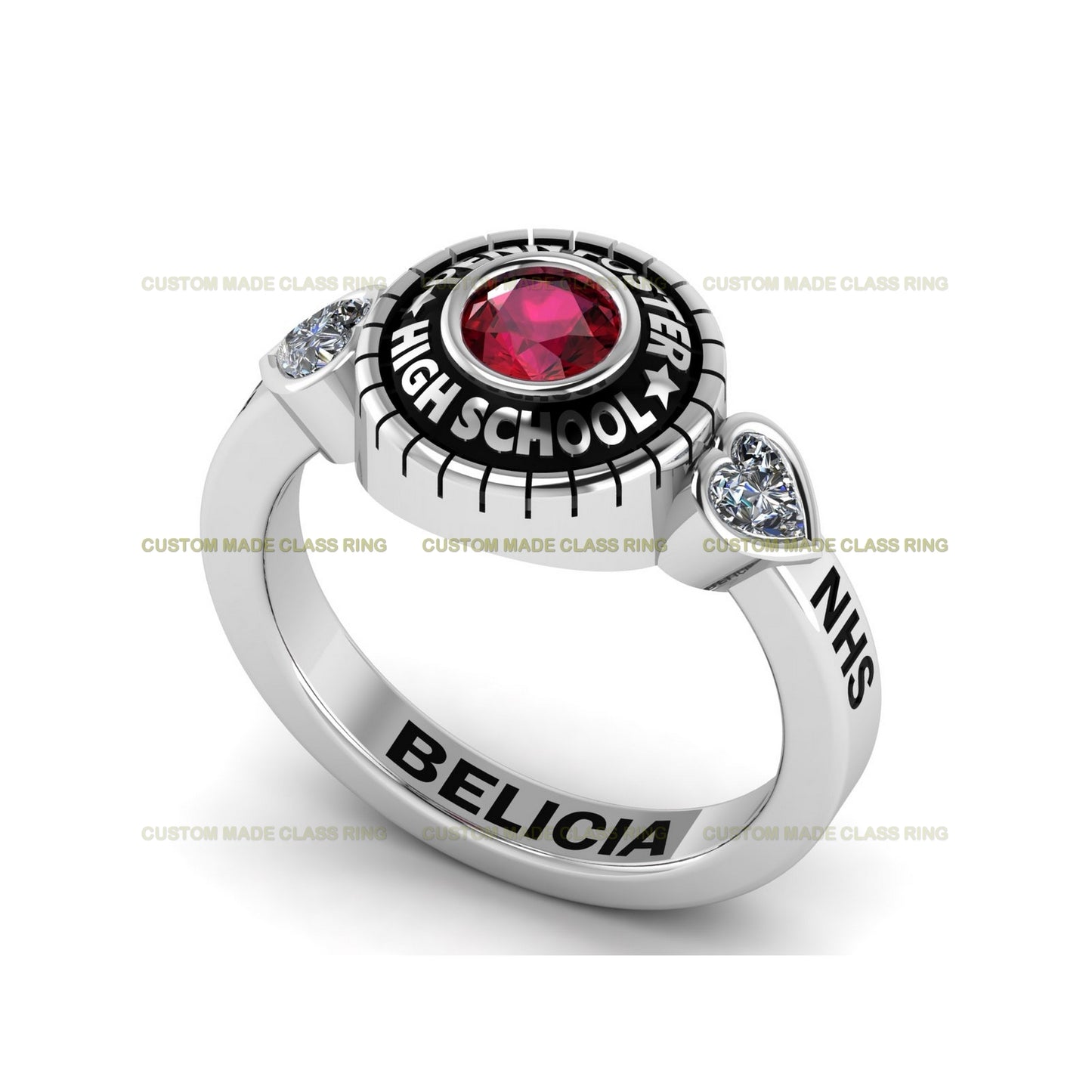 Custom Heart & Round Stone Class Ring – A Symbol of Love, Strength, and Achievement