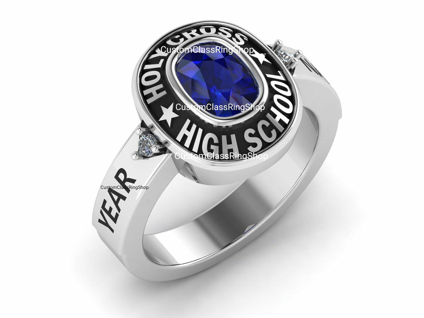 Best Cushion cut with two white round stone diamonds Quality Silver925 Unique jewelry, Custom Class Graduation Rings, College Class Rings