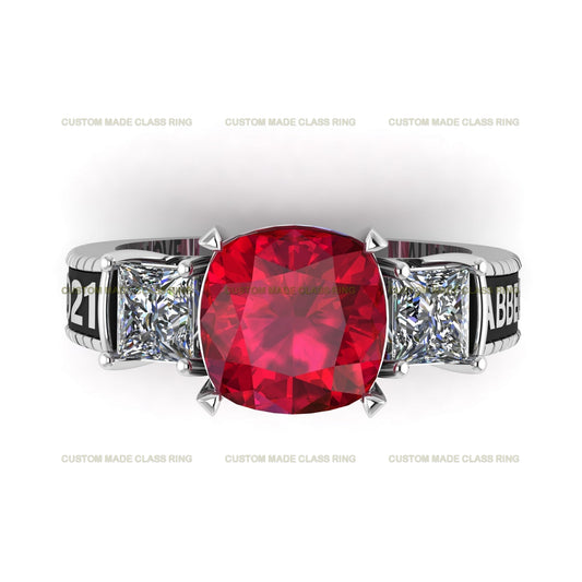 Custom Cushion-Cut Center Stone with Princess-Cut Moissanite Side Stones Ring