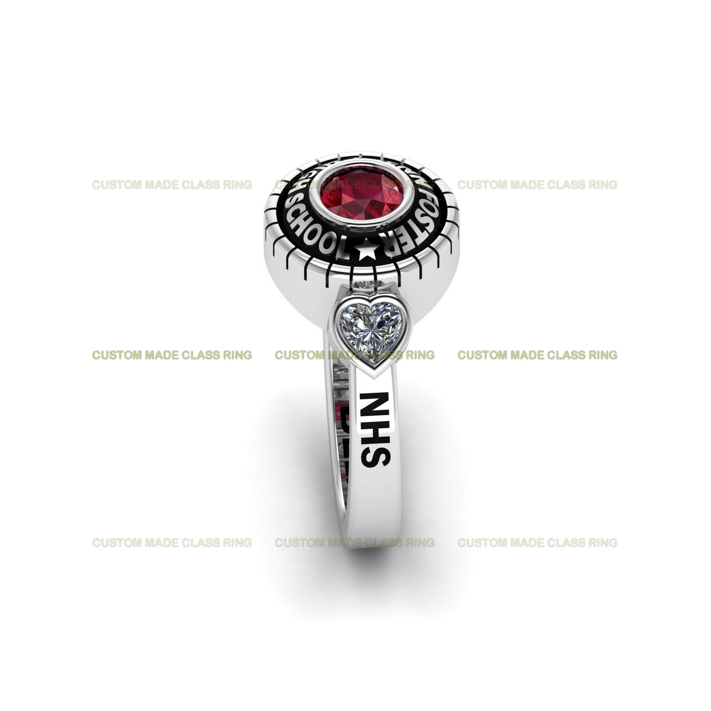 Custom Heart & Round Stone Class Ring – A Symbol of Love, Strength, and Achievement