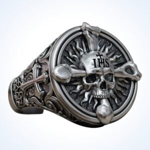 Christian gift adam head ring with skull, IHS christogram, sunburst halo, and baroque ornamentation