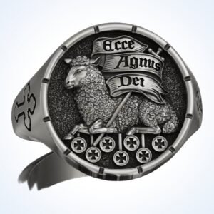 Christian gift agnus dei ring, oxidized silver signet with Lamb of God