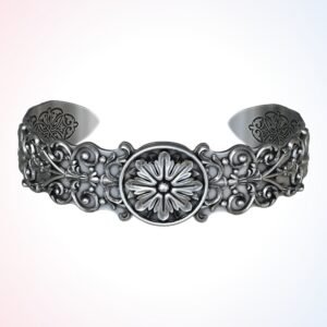 Personalized gift ancient patterns bracelet with daisy medallion and baroque filigree in oxidized si