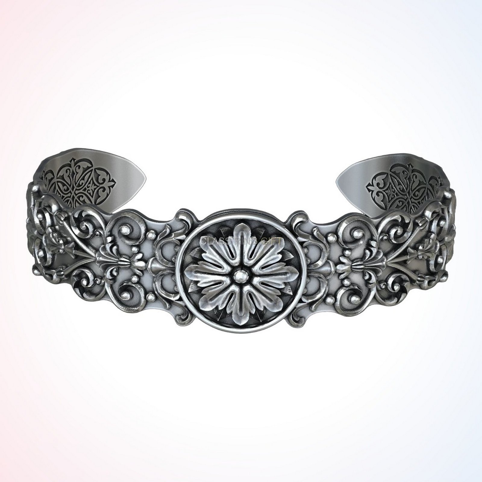 Personalized gift ancient patterns bracelet with daisy medallion and baroque filigree in oxidized si