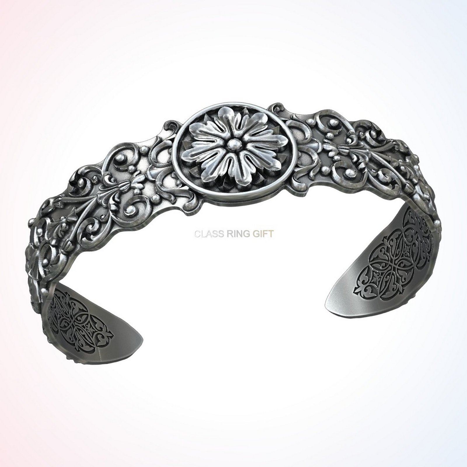 Personalized gift ancient patterns bracelet, front cuff view with daisy medallion and filigree
