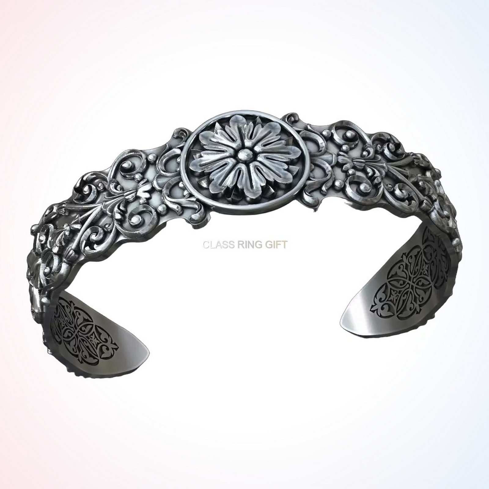 Personalized gift ancient patterns bracelet, angled cuff bracelet detail view
