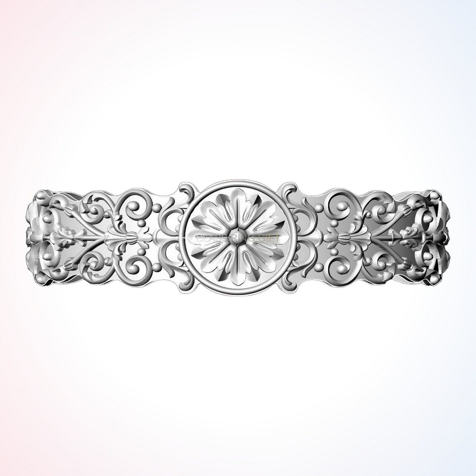 Personalized gift ancient patterns bracelet with daisy medallion and baroque filigree in oxidized si