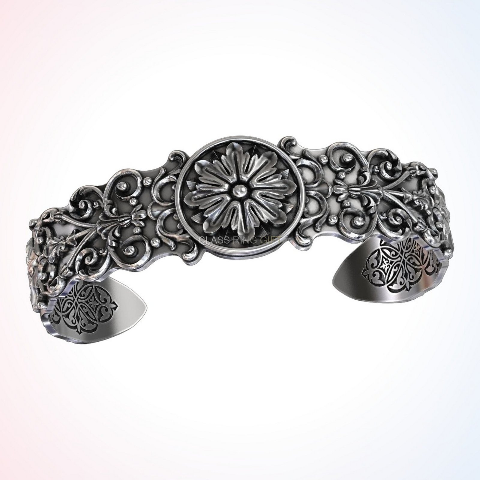 Personalized gift ancient patterns bracelet with daisy medallion and baroque filigree in oxidized si