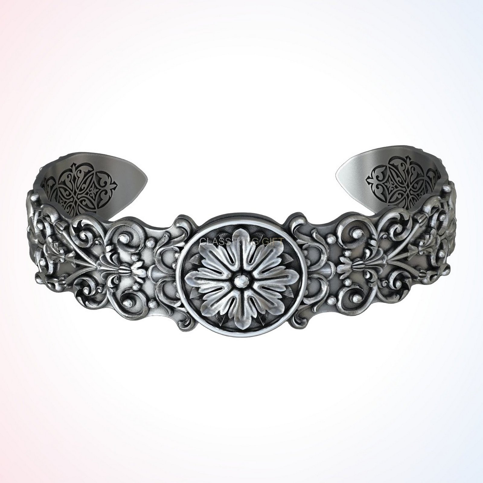 Personalized gift ancient patterns bracelet with daisy medallion and baroque filigree in oxidized si