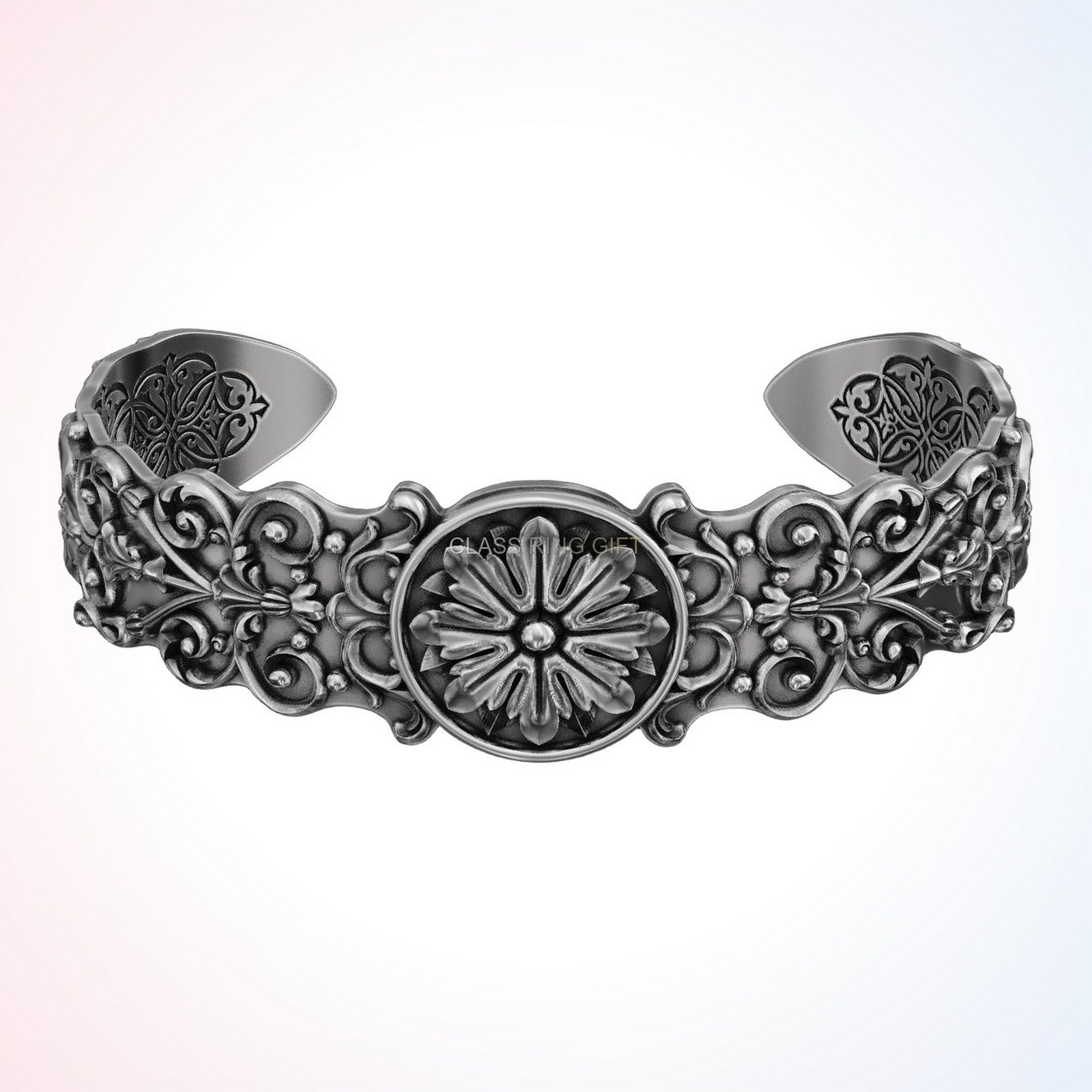 Personalized gift ancient patterns bracelet with daisy medallion and baroque filigree in oxidized si