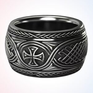 Christian gift ancient patterns ring, oxidized 925 silver with cross and ornamental designs
