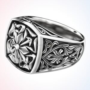 Christian gift antique patterns ring with cross and baroque scrollwork, oxidized 925 silver