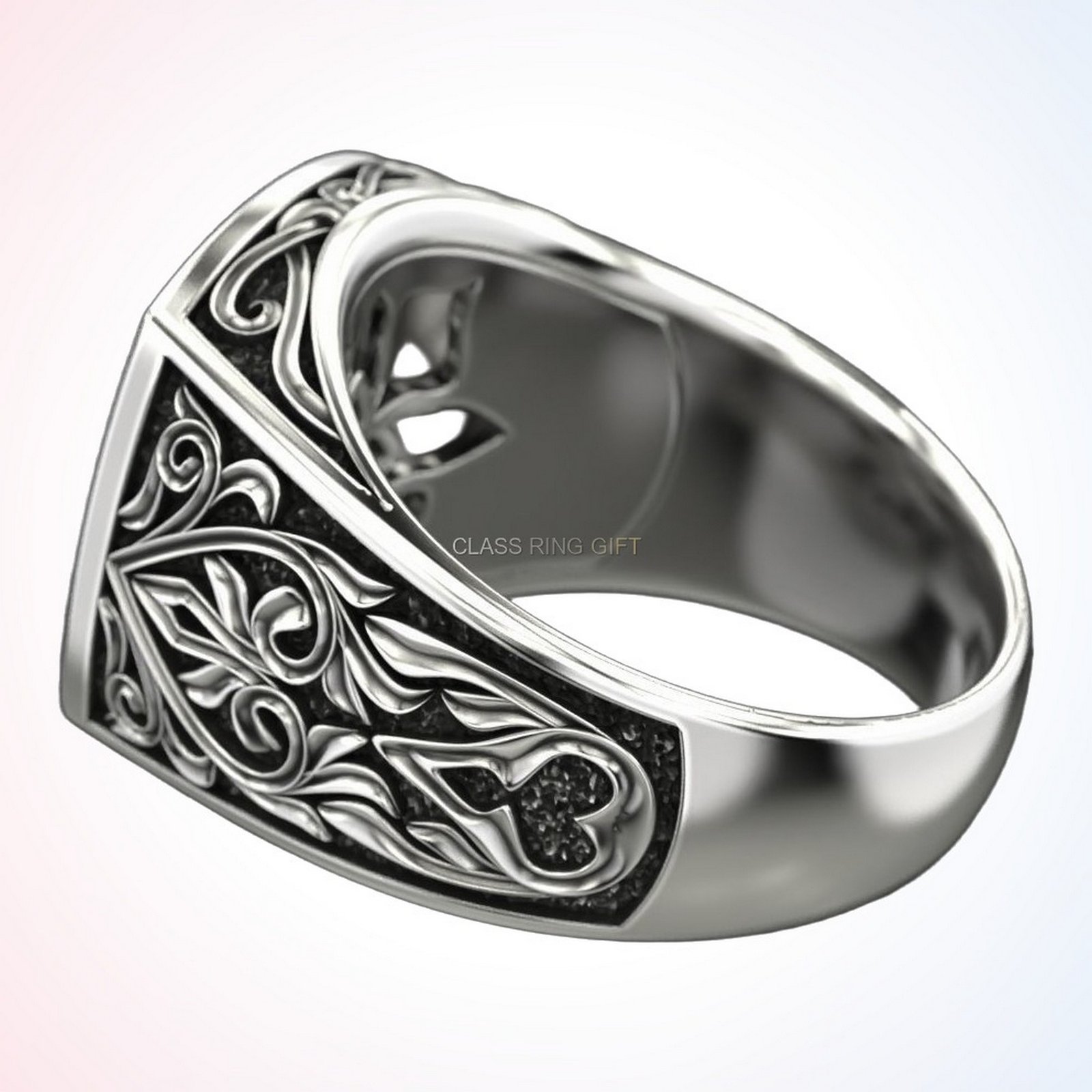 Christian gift antique patterns ring, angled three-quarter side view with ornate patterns