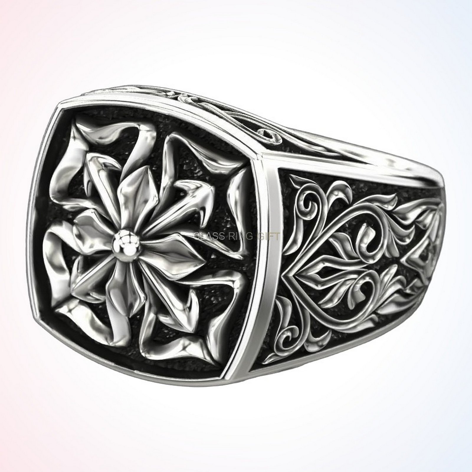 Christian gift antique patterns ring, angled three-quarter profile with baroque scrollwork