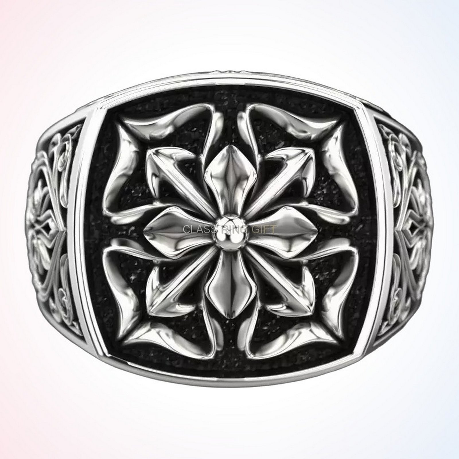Christian gift antique patterns ring with cross and baroque scrollwork, oxidized 925 silver