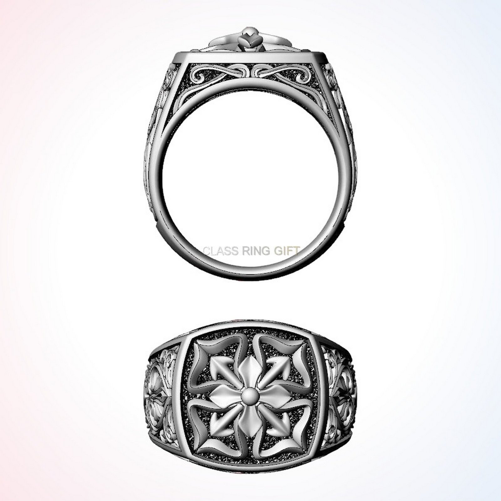 Christian gift antique patterns ring with cross and baroque scrollwork, oxidized 925 silver