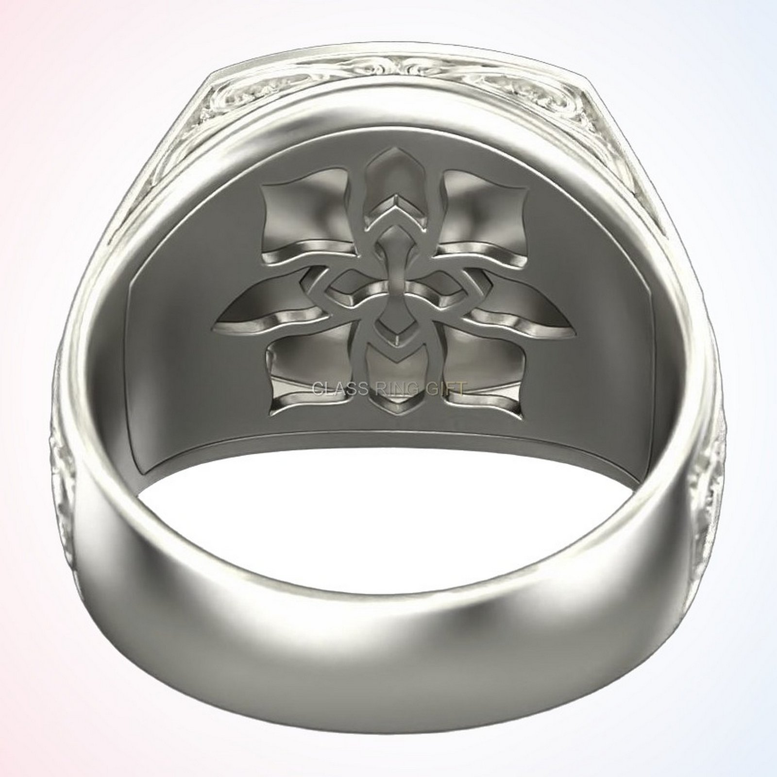 Christian gift antique patterns ring with cross and baroque scrollwork, oxidized 925 silver