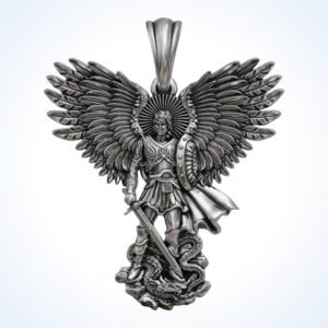 Christian gift archangel michael ring pendant, oxidized 925 silver with wings and sword