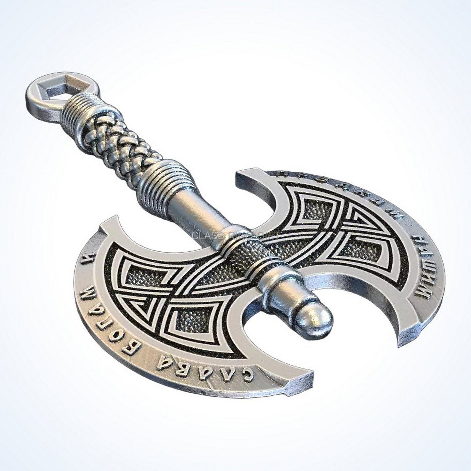 Gift for him axe pendant, three-quarter rotated profile view