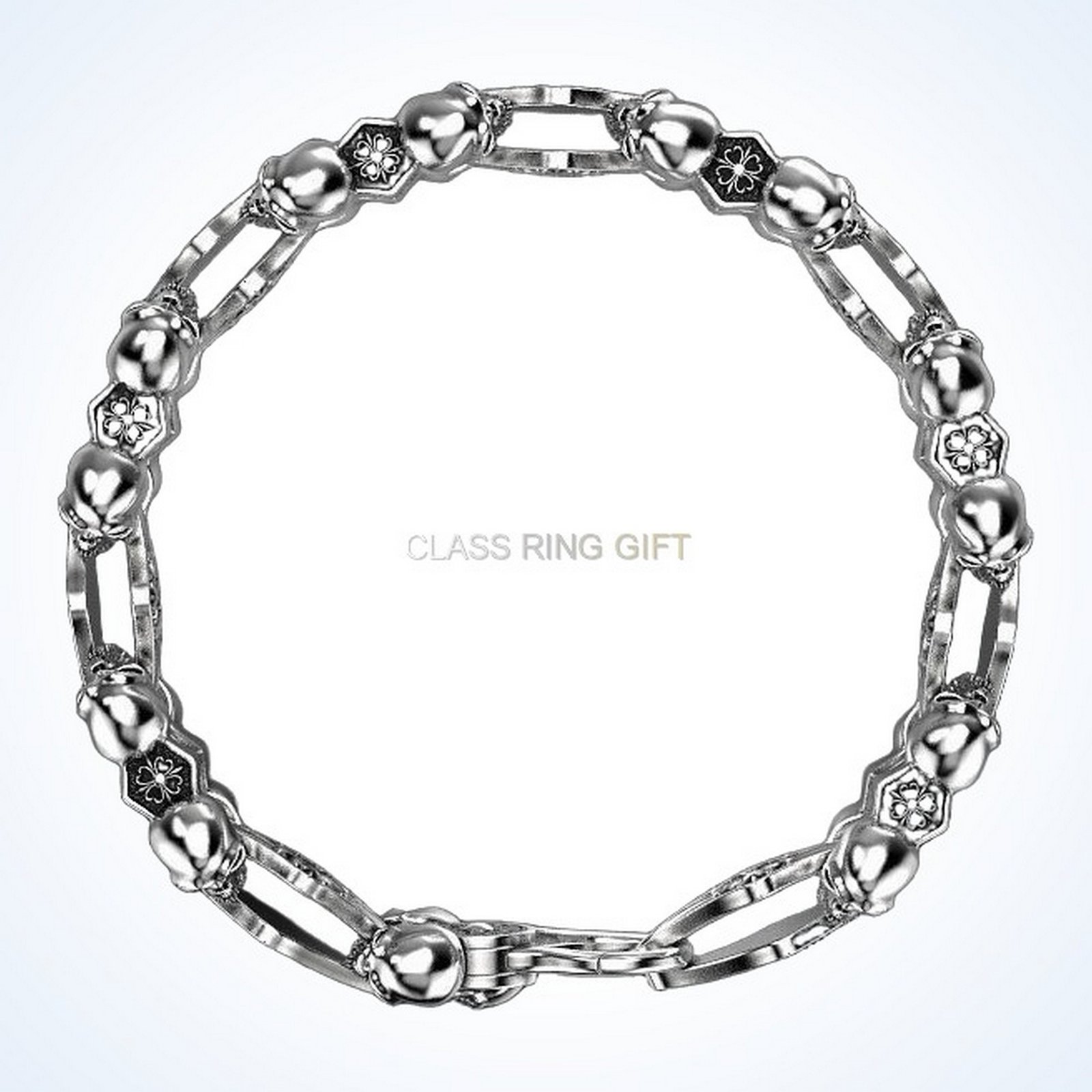 Gift for him real biker bracelet with skulls and ornamental crosses in 925 silver