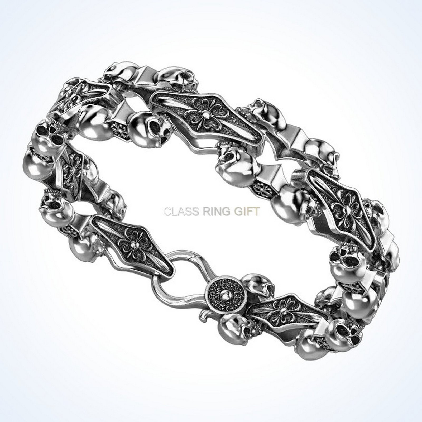 Gift for him real biker bracelet with skulls and ornamental crosses in 925 silver