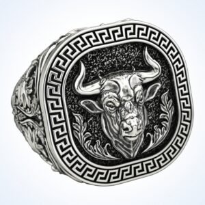 gift for him bull greek signet ring, handmade 925 silver