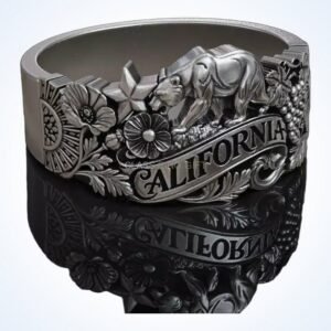 Personalized gift california state ring with bear and poppy relief in oxidized silver