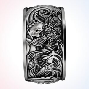 Anniversary gift carp waves ring, oxidized 925 sterling silver with detailed koi and flowing water m