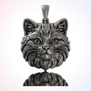 personalized gift cat face pendant, oxidized sterling silver with lattice detail