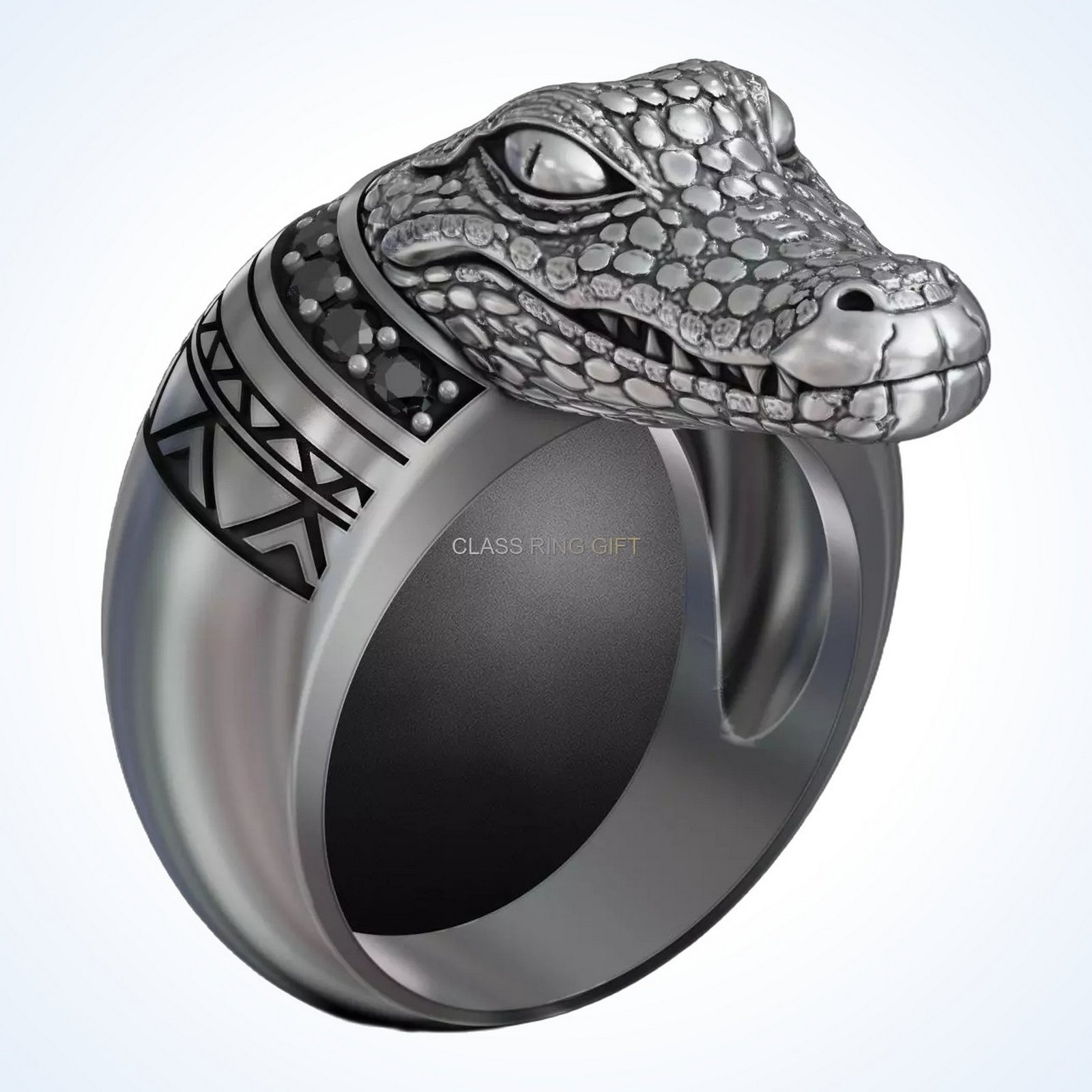 Gift for him cayman crocodile, front head-on view of full ring design