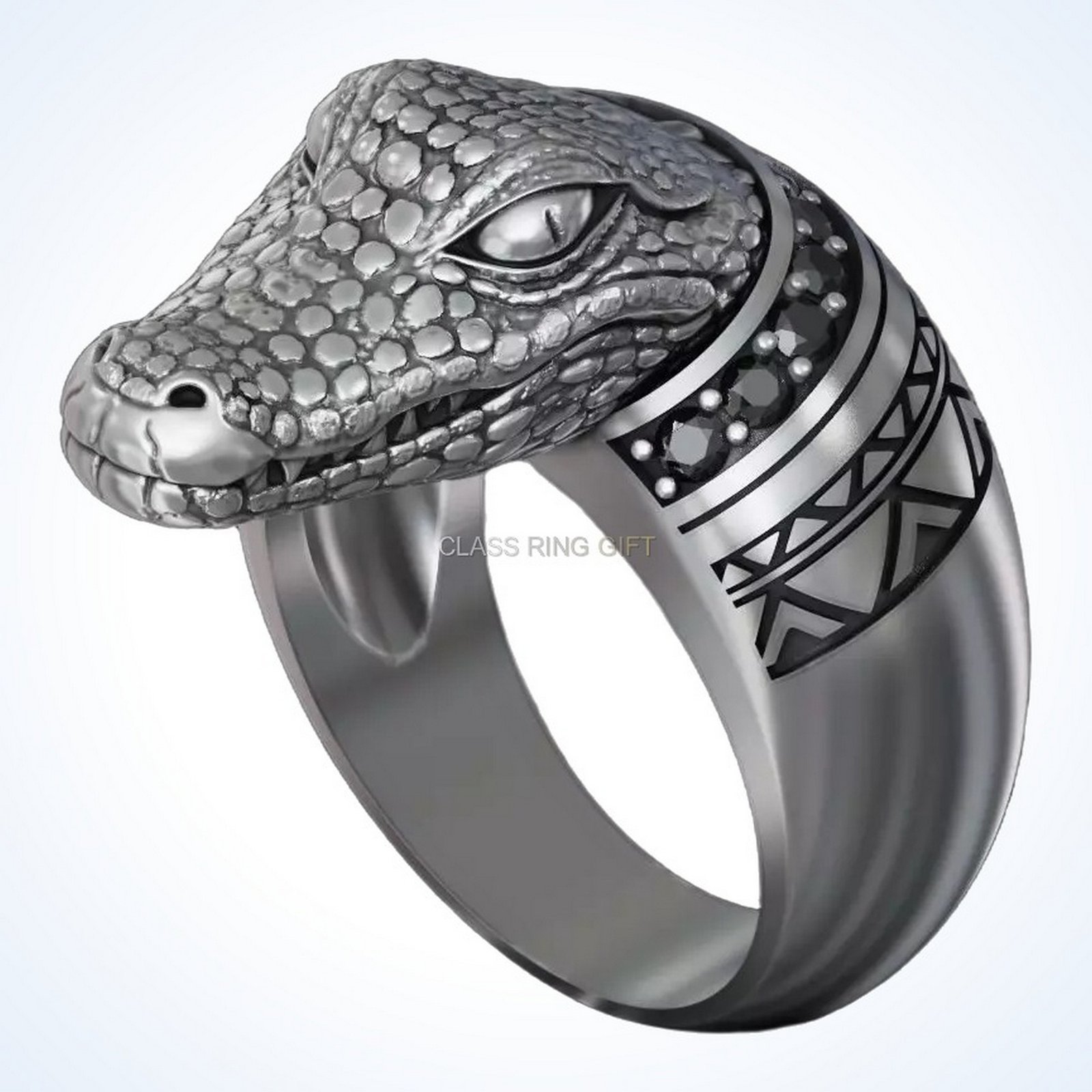 Gift for him cayman crocodile, right side profile with tribal band detail