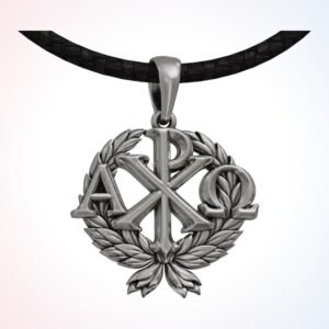 Graduation gift chi rho pendant with alpha omega in oxidized sterling silver