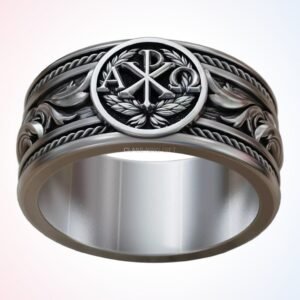 Gift for him chi rho signet ring, oxidized 925 sterling silver