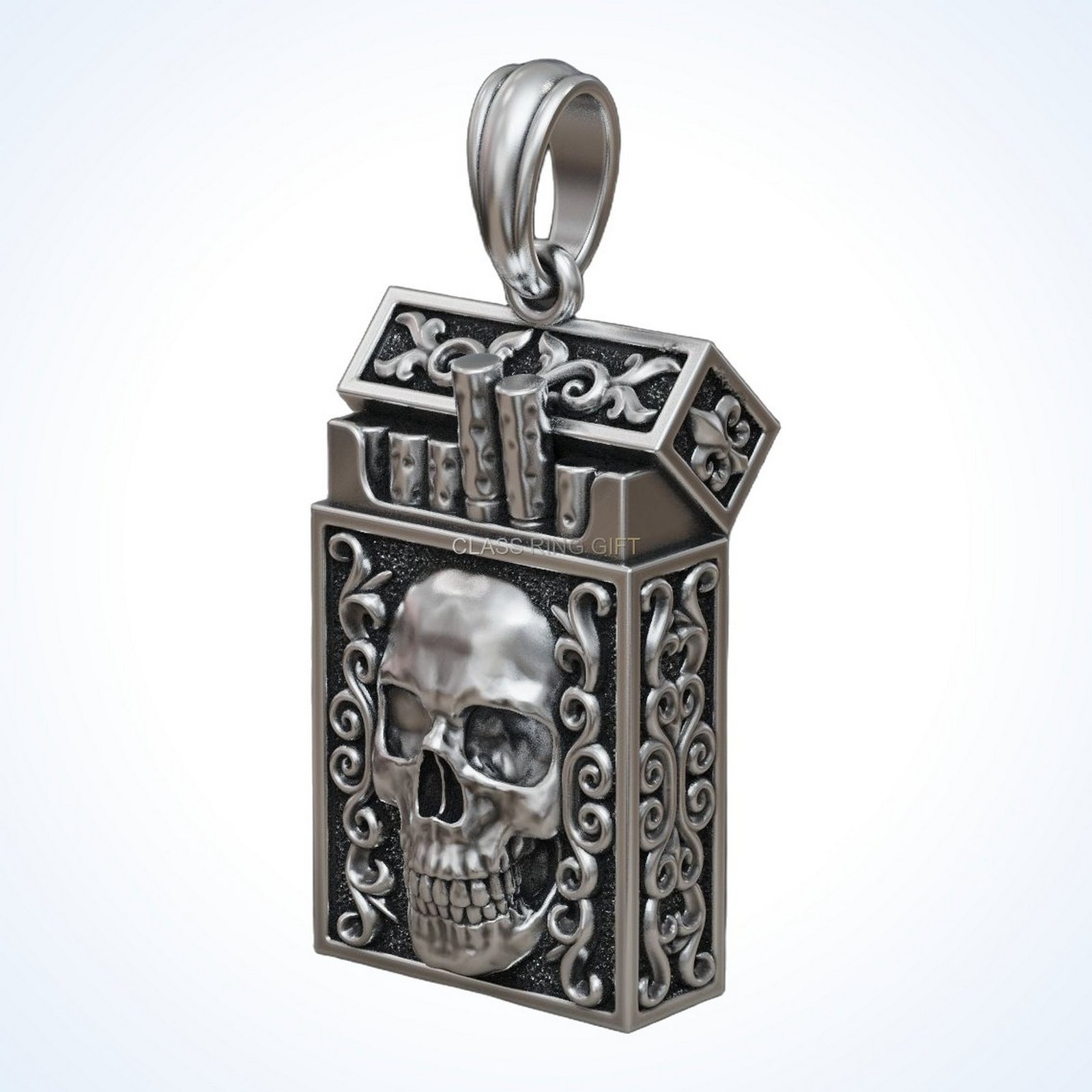 Gift for him cigarette pack pendant with skull and filigree, 925 silver