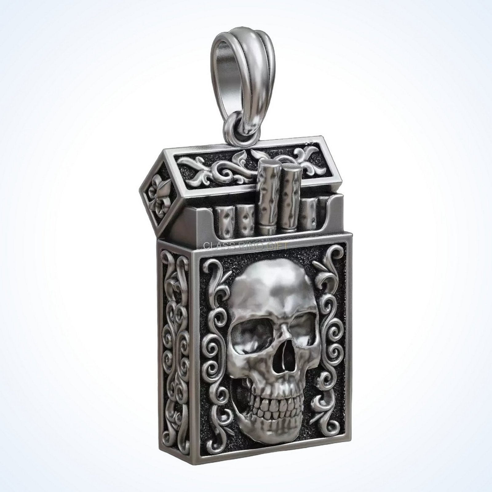 Gift for him cigarette pack pendant with skull and filigree, 925 silver