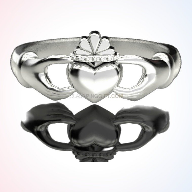 Sterling silver Claddagh ring, top-down polished finish view