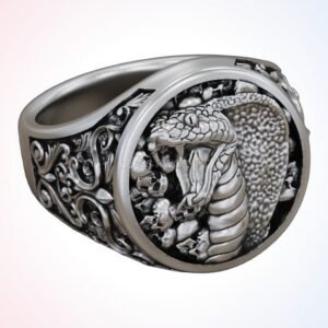 Gift for him cobra skulls ring oxidized 925 silver with baroque ornament