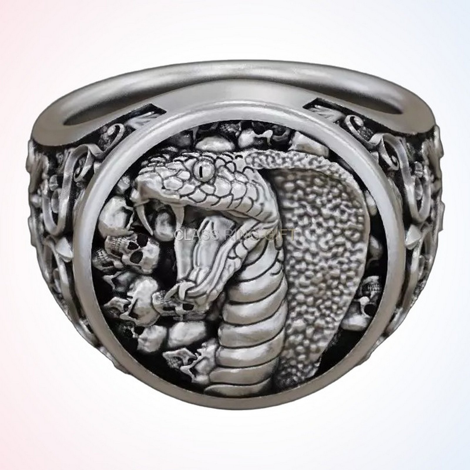 Gift for him cobra skulls ring oxidized 925 silver with baroque ornament