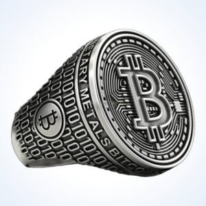 Gift for him coolest bitcoin 2 ring with Bitcoin symbol and binary code band, oxidized 925 sterling