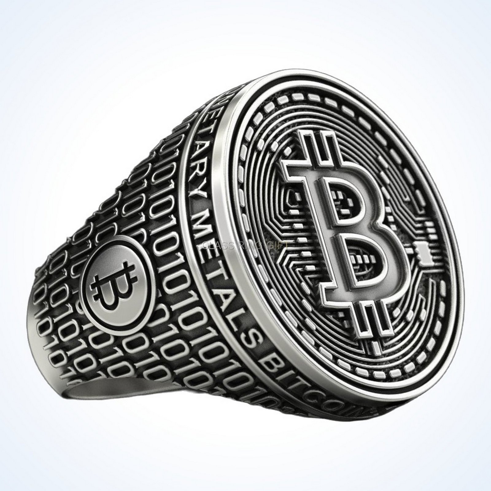Gift for him coolest bitcoin 2 ring with Bitcoin symbol and binary code band, oxidized 925 sterling