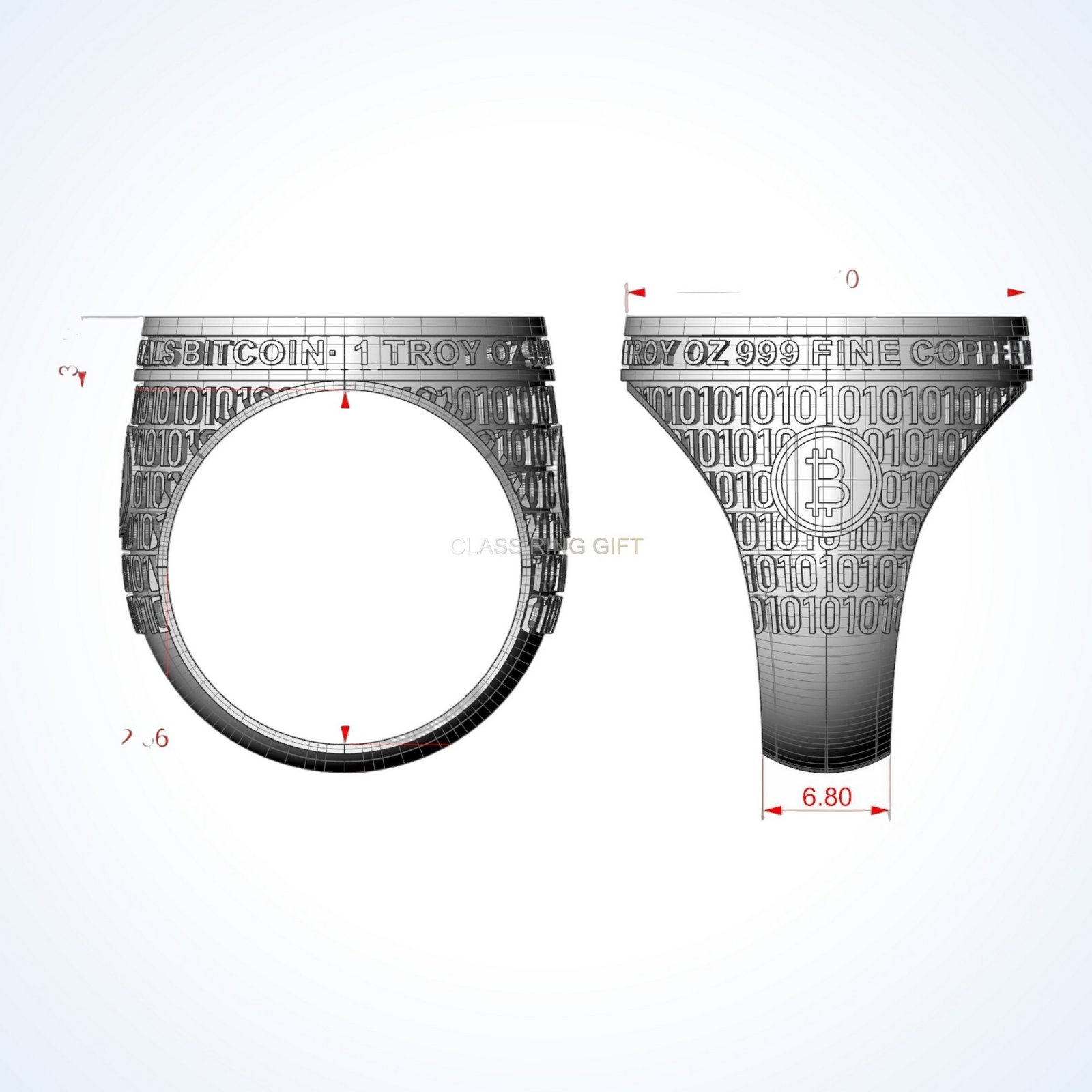 Gift for him coolest bitcoin 2 ring with Bitcoin symbol and binary code band, oxidized 925 sterling