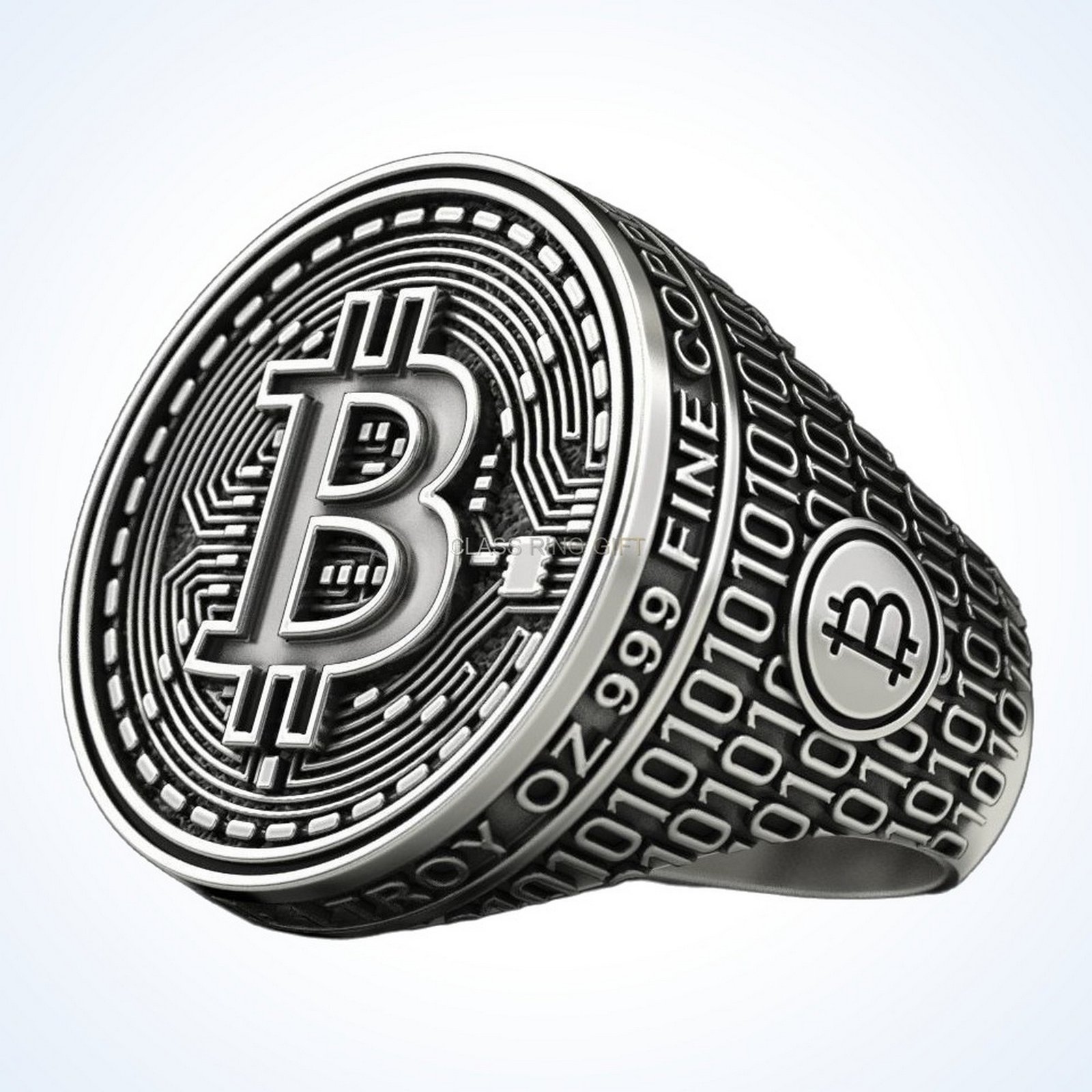 Gift for him coolest bitcoin 2 ring with Bitcoin symbol and binary code band, oxidized 925 sterling