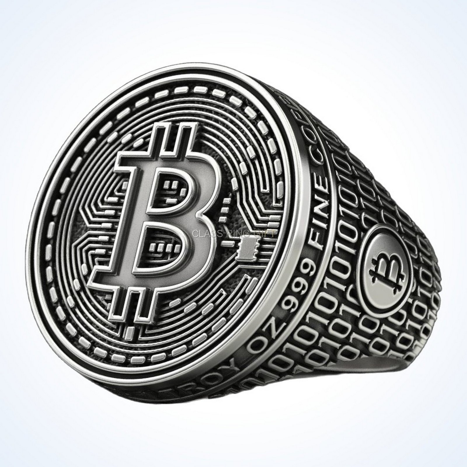 Gift for him coolest bitcoin 2, Bitcoin ring angled side view showing binary code band