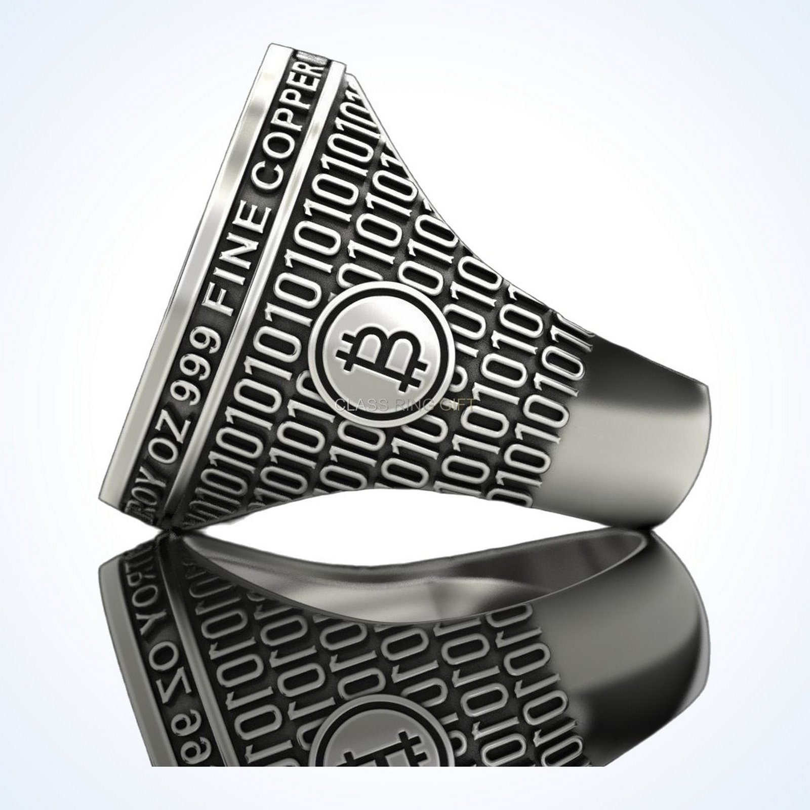 Gift for him coolest bitcoin 2, Bitcoin ring three-quarter perspective with border detail