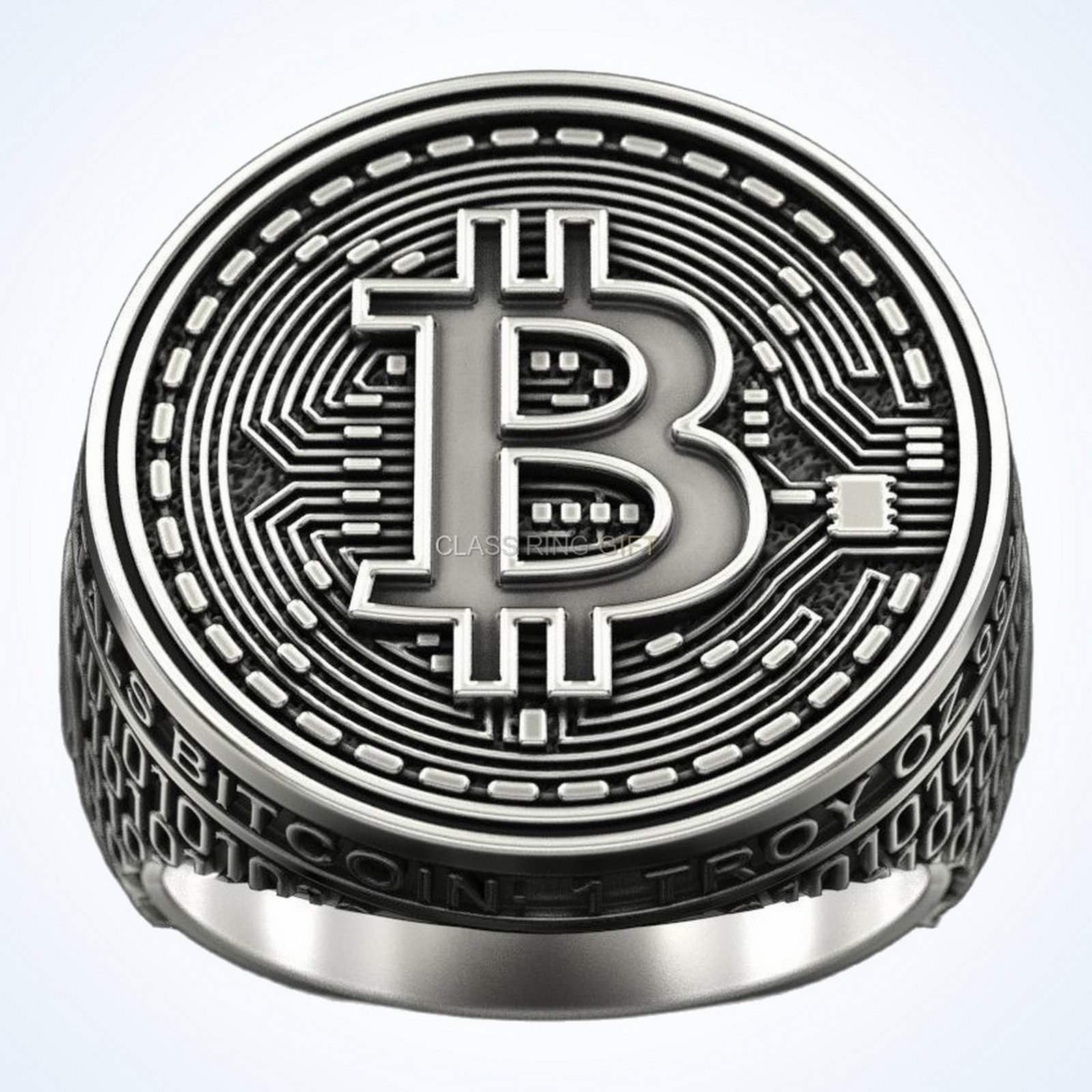 Gift for him coolest bitcoin 2 ring with Bitcoin symbol and binary code band, oxidized 925 sterling