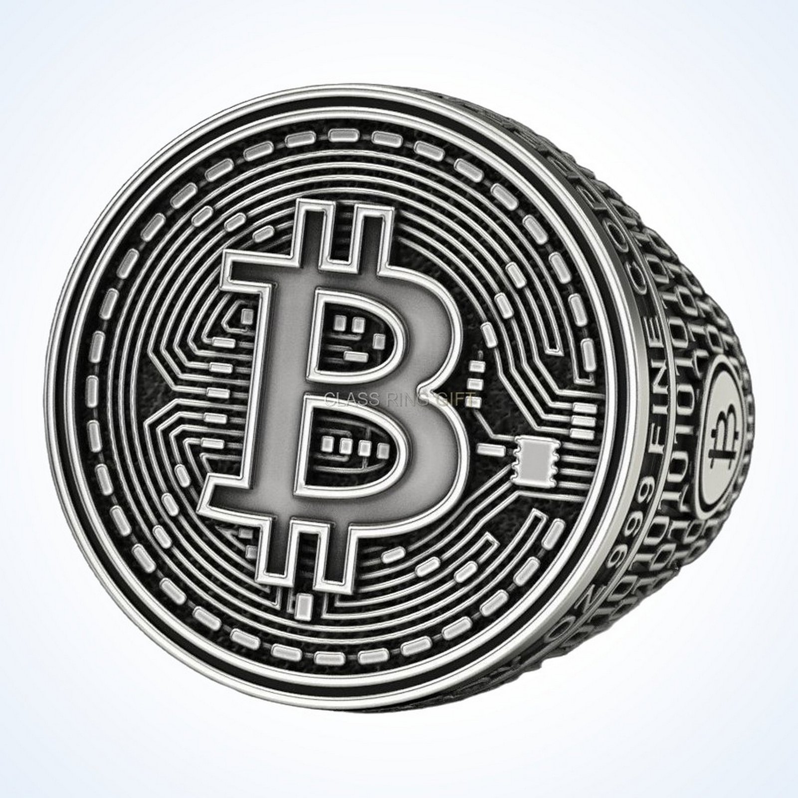 Gift for him coolest bitcoin 2 ring with Bitcoin symbol and binary code band, oxidized 925 sterling