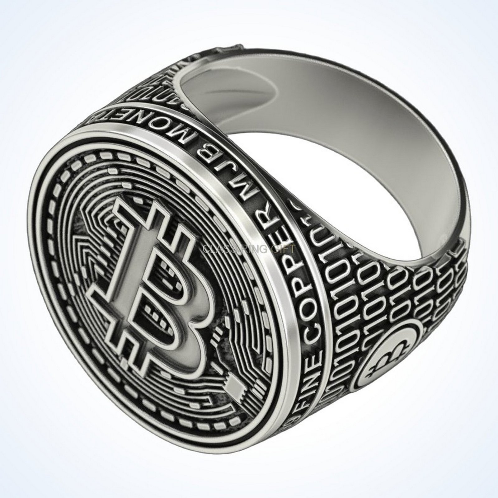 Gift for him coolest bitcoin 2 ring with Bitcoin symbol and binary code band, oxidized 925 sterling