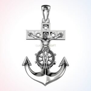 Christian gift cross anchor ring pendant with crucifix, ship wheel and anchor in polished 925 silver
