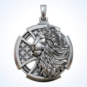 Christian gift cross lion pendant in antique 925 sterling silver, front view