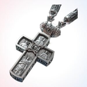 Christian gift cross orthodox ring pendant with saints in oxidized 925 silver